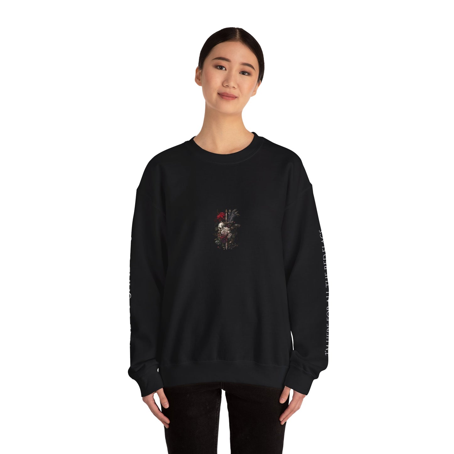 Veil of Shadows Sweatshirt – “I’m Here for All the Red Flags” (Meg Vampire Back Print)