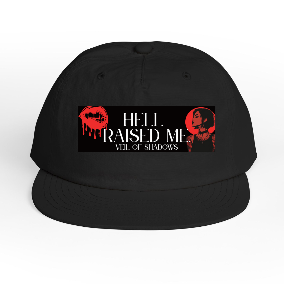 “Hell Raised Me” Veil of Shadows Surf Cap – Meg Edition | Beach Hat, Cool Black Snapback, Summer Vibes, Gift for Surf Enthusiasts, Casual Outdoor Wear