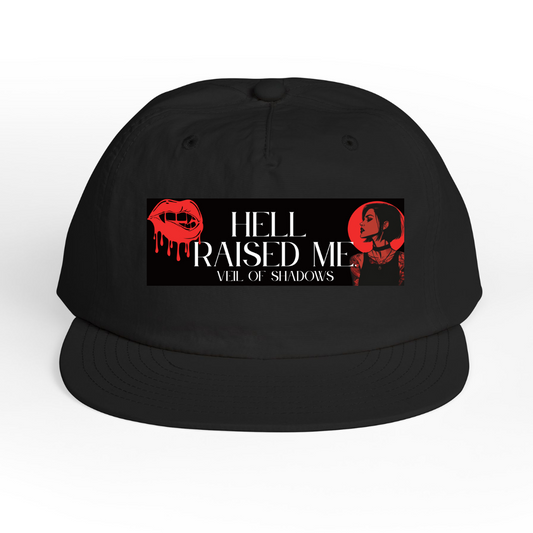 “Hell Raised Me” Veil of Shadows Surf Cap – Meg Edition | Beach Hat, Cool Black Snapback, Summer Vibes, Gift for Surf Enthusiasts, Casual Outdoor Wear