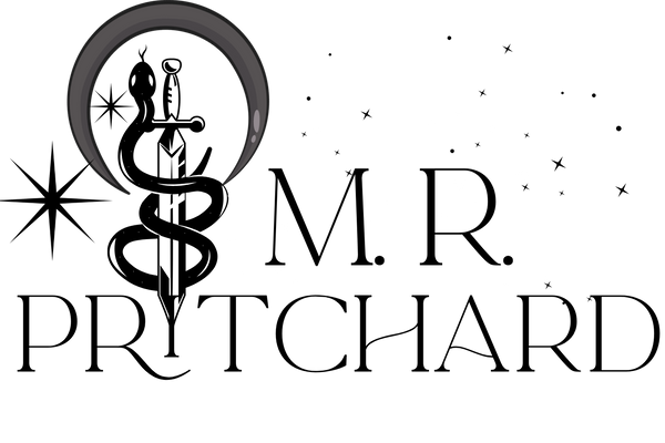 A black and gray graphic logo featuring a snake wrapped around a crescent moon and star, with the text 'M. R.
